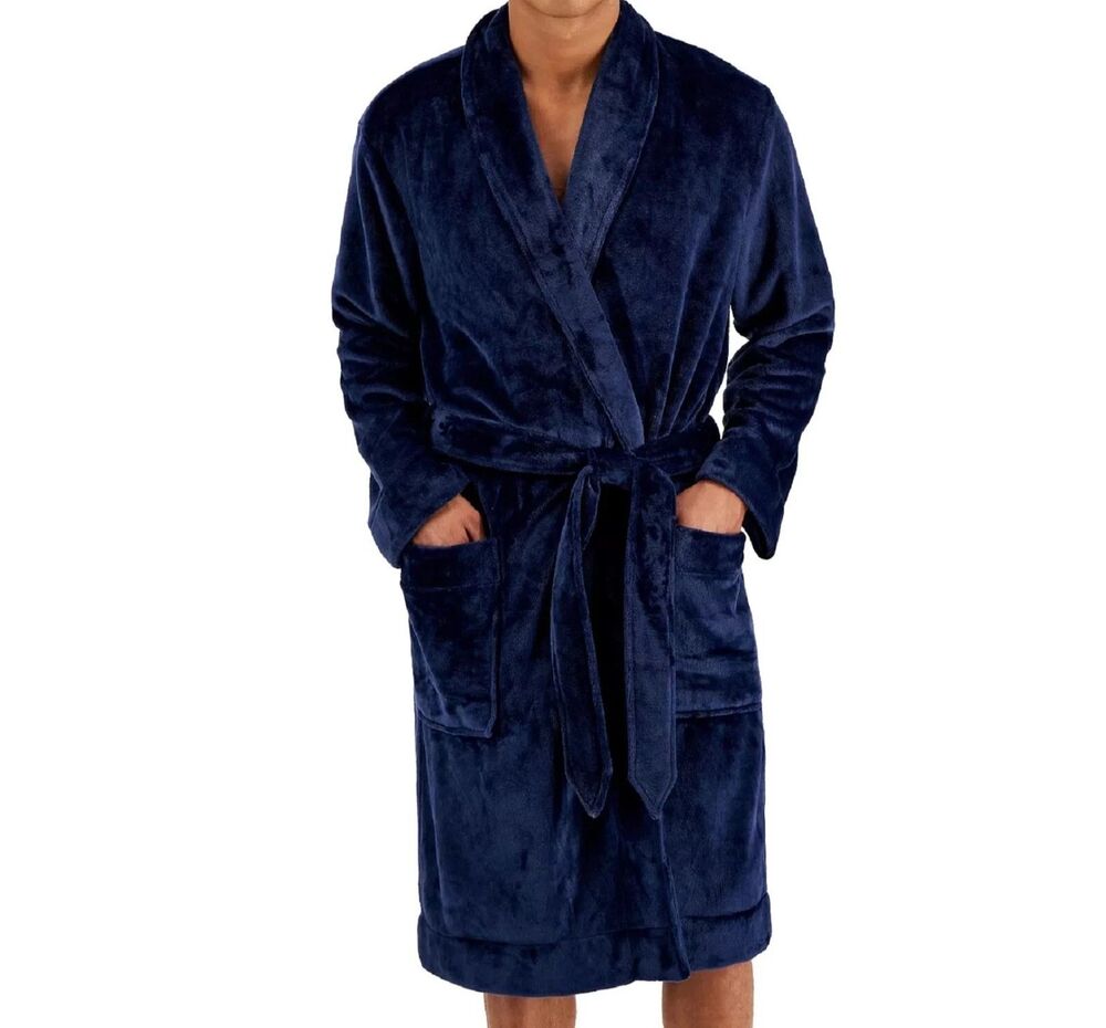 CLUB ROOM Robe Mens Small Medium Navy Blue Plush Fleece Cozy Belted